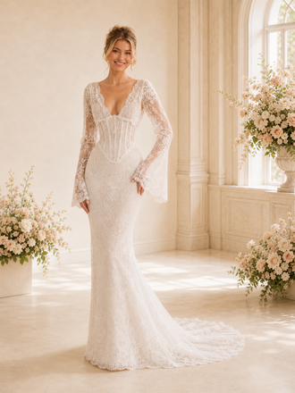ChicSew Romantic Mermaid Deep V-Neck Long Sleeves Lace Tulle Boning Maxi Wedding Dresses