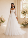 ChicSew Elegant A-Line Square Neckline Tulle Long Sleeves Maxi Wedding Dress With Lace Applique