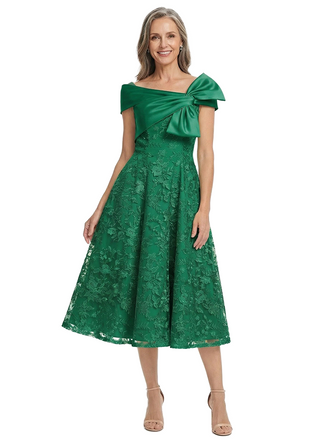 ChicSew Modern Tea-Length Lace Applique Mother Of The Groom Dress With Satin Bow Shoulder
