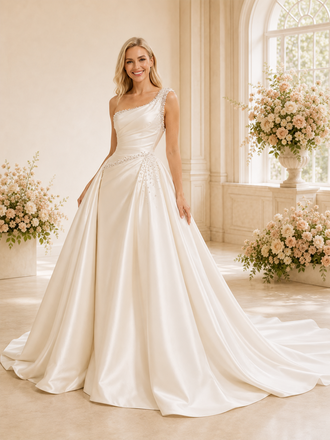 ChicSew Unique Mermaid One Shoulder Beading Satin Maxi Long Wedding Dresses With Overskirt