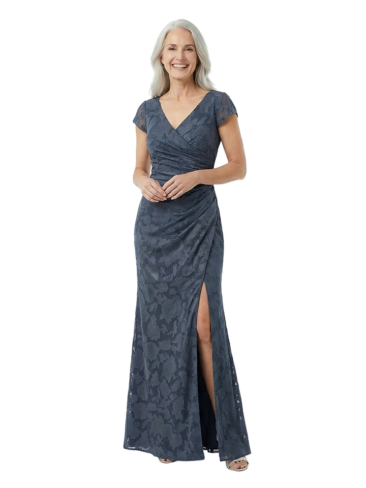 Chicsew Elegant V-Neck Short Sleeves Side Silt Floral Burnout Chiffon Mermaid Formal Evening Dresses