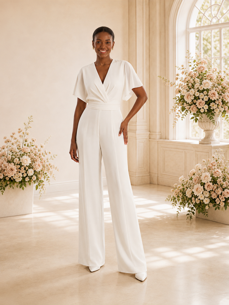 ChicSew Unique V-Neck Short Sleeves Ruching Chiffon Floor-Length Wedding Jumpsuit