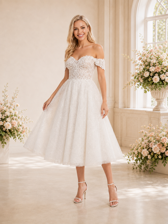 ChicSew Elegant Off The Shoulder A-Line Midi Lace Tulle Wedding Dresses