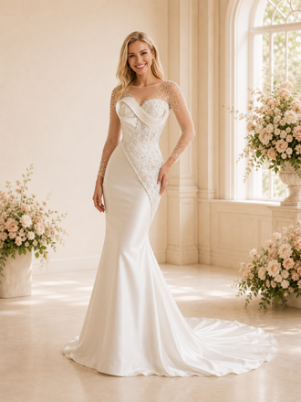 ChicSew Elegant Illusion Lace Applique Satin Long Sleeves Beaded Mermaid Maxi Wedding Dresses