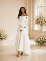 ChicSew Fancy Off The Shoulder Long Sleeves Ruching Crepe Maxi Wedding Dress