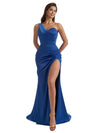 Sexy One Shoulder Mermaid Pleated Silky Satin Long Bridesmaid Dresses Side Slit