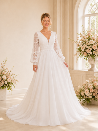 ChicSew Sexy Deep V-Neck A-Line Long Sleeves Floor-Length Lace Tulle Wedding Dresses