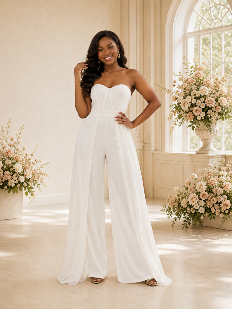 ChicSew Modern Sweetheart Sleeveless Crepe Floor-Length Wedding Jumpsuit