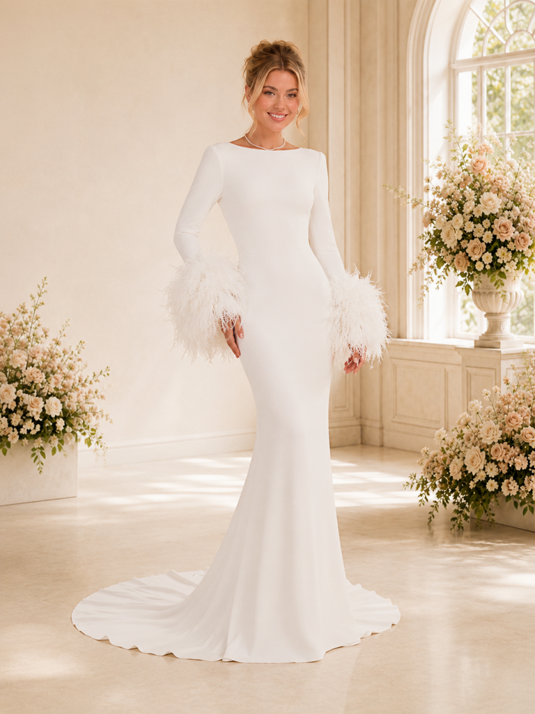 ChicSew Elegant Sabrina Long Sleeves Mermaid Crepe Floor-Length Wedding Dress