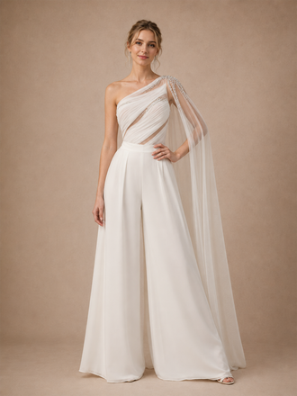 ChicSew Modern One Shoulder Chiffon Ruched Wedding Jumpsuit With Beaded Tulle Cape Sleeve