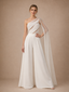 ChicSew Modern One Shoulder Chiffon Ruched Wedding Jumpsuit With Beaded Tulle Cape Sleeve