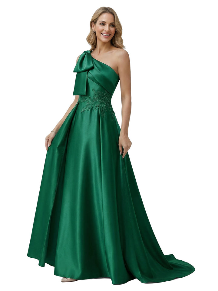Sexy Mother Of The Bride Dress One Shoulder Applique Satin Fitted Long Draped Formal Gown