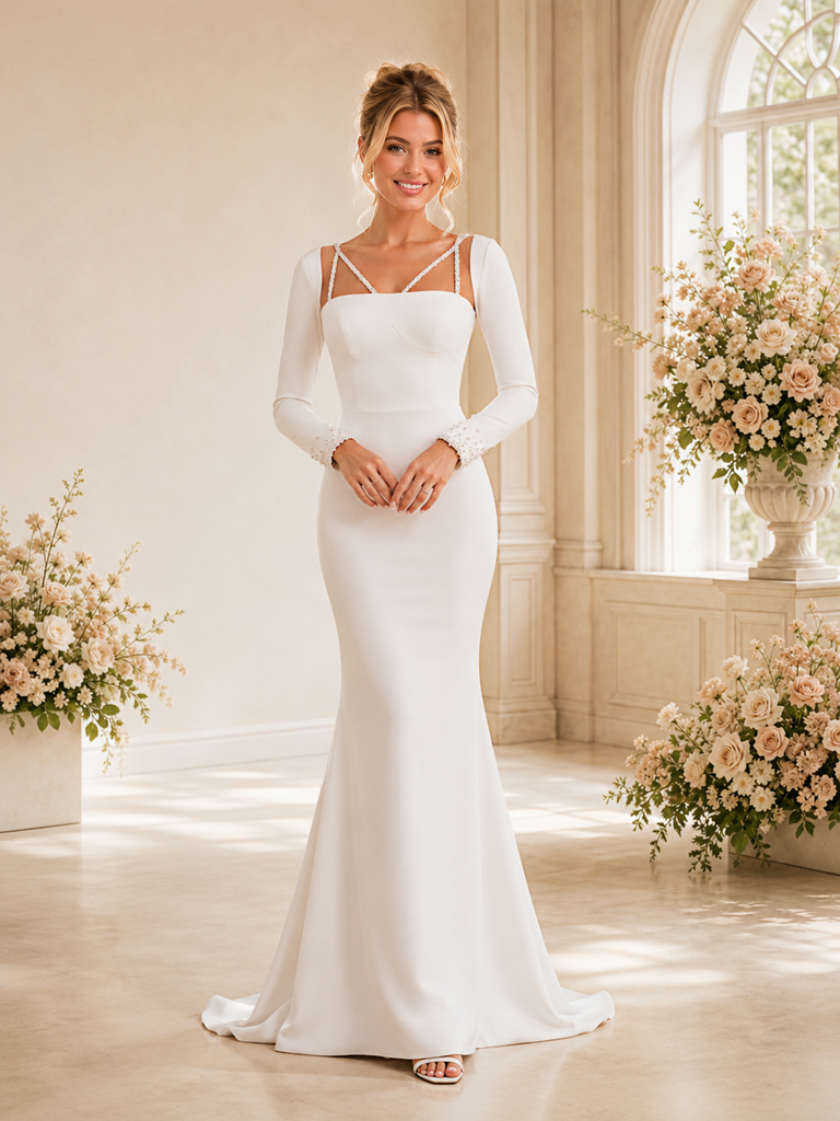 ChicSew Unique Elegant Square Neck Crepe Long Sleeves Mermaid Floor-Length Wedding Dress
