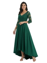 Chicsew Elegant Mother of The Bride Dress V-Neck 3/4 Sleeve Lace Satin High-Low A-Line Gown