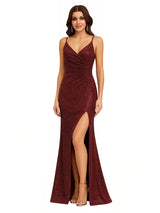 Shiny Spaghetti Straps Mermaid Glitter Jersey Maxi Evening Dresses For Ladies Side Slit