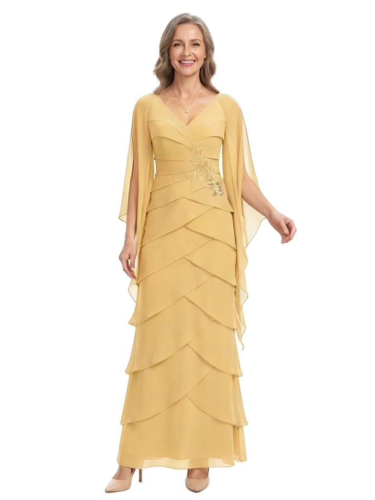 ChicSew Classy Tiered Chiffon Mother Of The Bride Dresses With V-Neck And Cape Sleeves