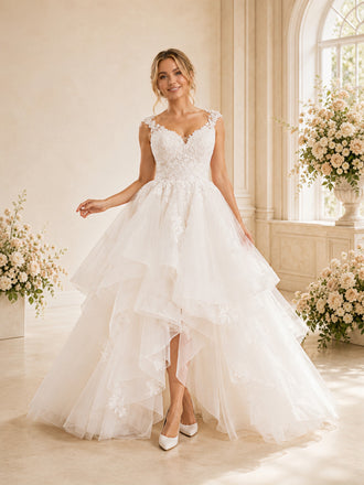 ChicSew Spaghetti Straps V-Neck A-Line High-Low Lace Tulle Wedding Dresses