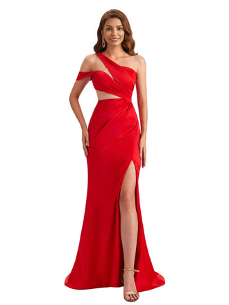 Sexy Silky Satin One Shoulder Mermaid Side Slit Unique Long Bridesmaid Dresses Online