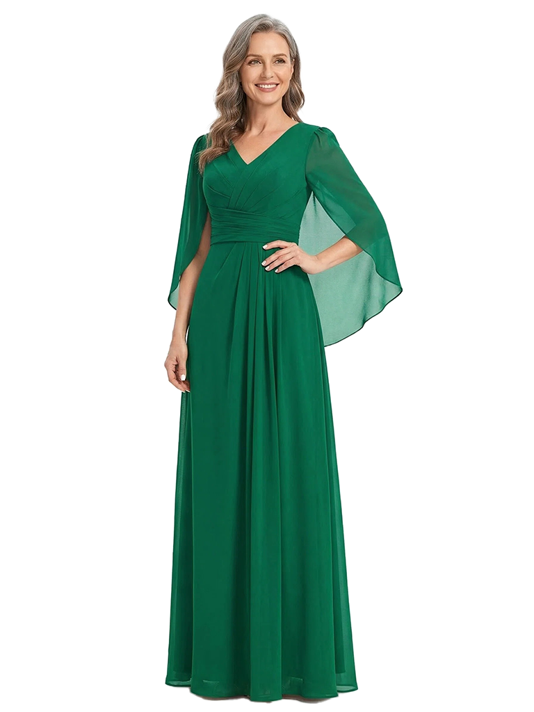 ChicSew V-Neck Cape Sleeve Ruched Waist Floor Length Chiffon Romantic Mom Of The Groom Dresses