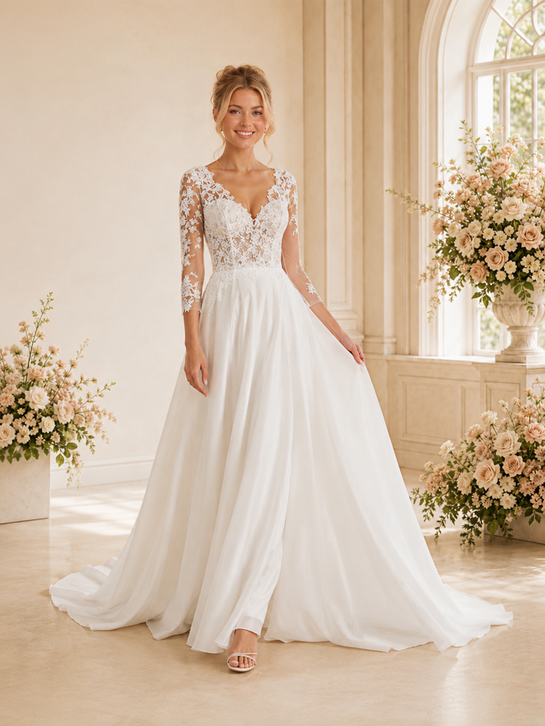 ChicSew Classy V-Neck 3/4 Sleeves Lace Chiffon A-Line Maxi Wedding Dress