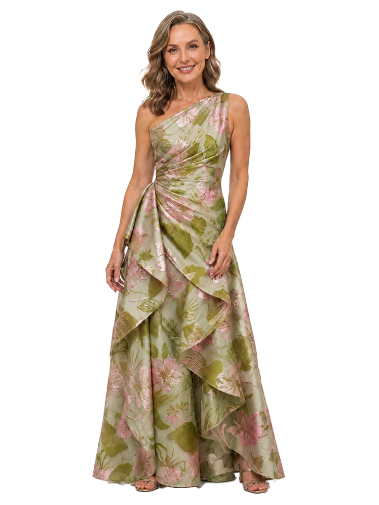 Chicsew Elegant Floral One Shoulder Ruched A-Line Long Mother of The Bride Dresses