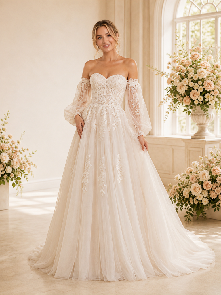 ChicSew Beautiful Sweetheart Lace Applique Tulle A-Line Long Puff Sleeves Maxi Wedding Dress