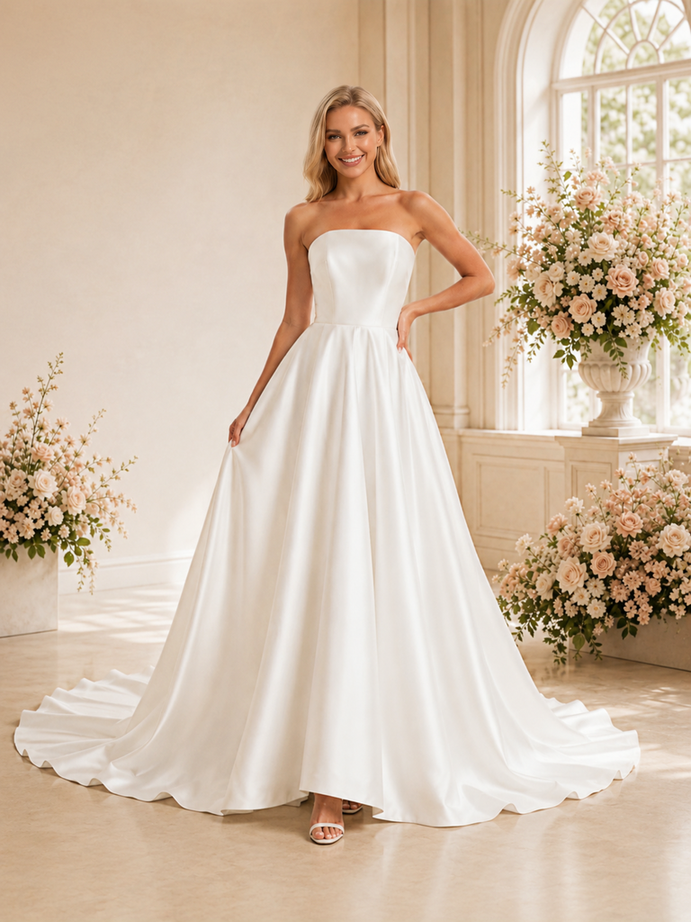 ChicSew Classy Satin A-Line Strapless Pleated Floor-Length Wedding Dresses Online