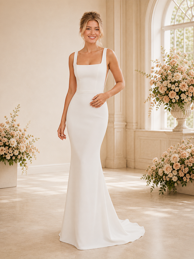 ChicSew Classy Square Neckline Spaghetti Straps Crepe Mermaid Floor-Length Wedding Dress