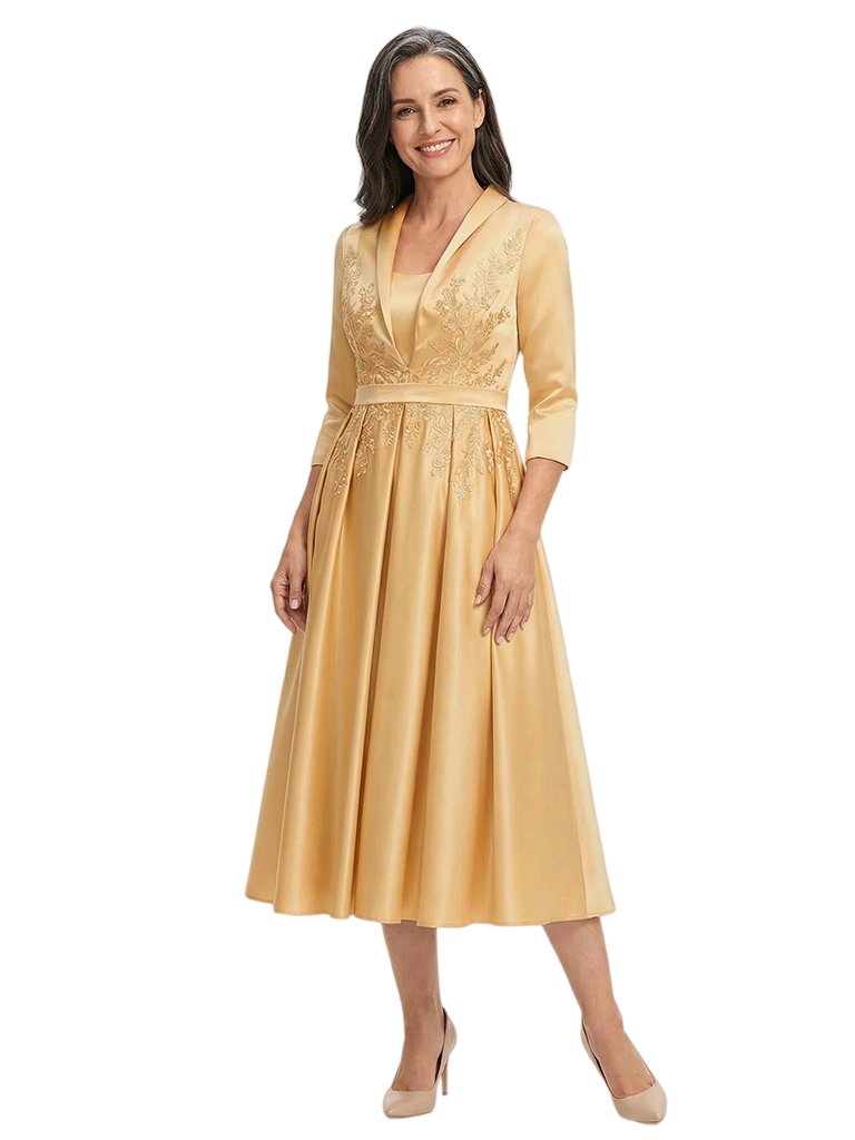 ChicSew Elegant V-Neck Silky Satin A-Line Midi Mother Of The Bride Dresses With Long Sleeves