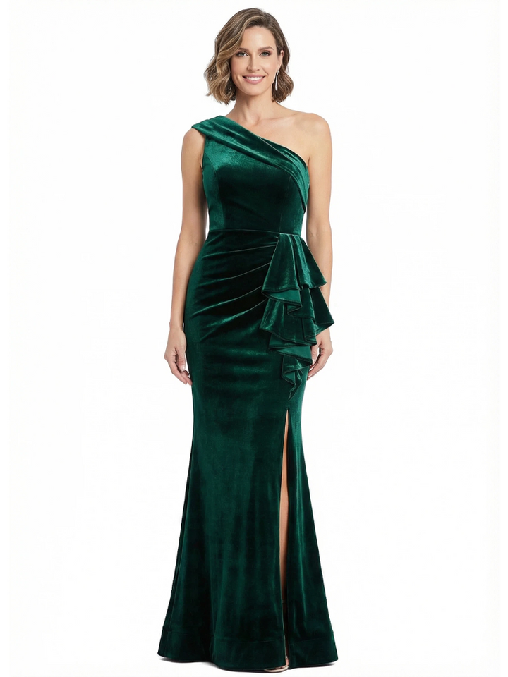 Luxury Velvet One Shoulder Mermaid Mother Of The Bride Gown With Ruffle Slit
