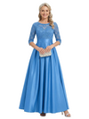 ChicSew Round Neck 3/4 Sleeve Lace Applique Satin Bodice Floor Length Satin Elegant Mother of the Bride Dresses