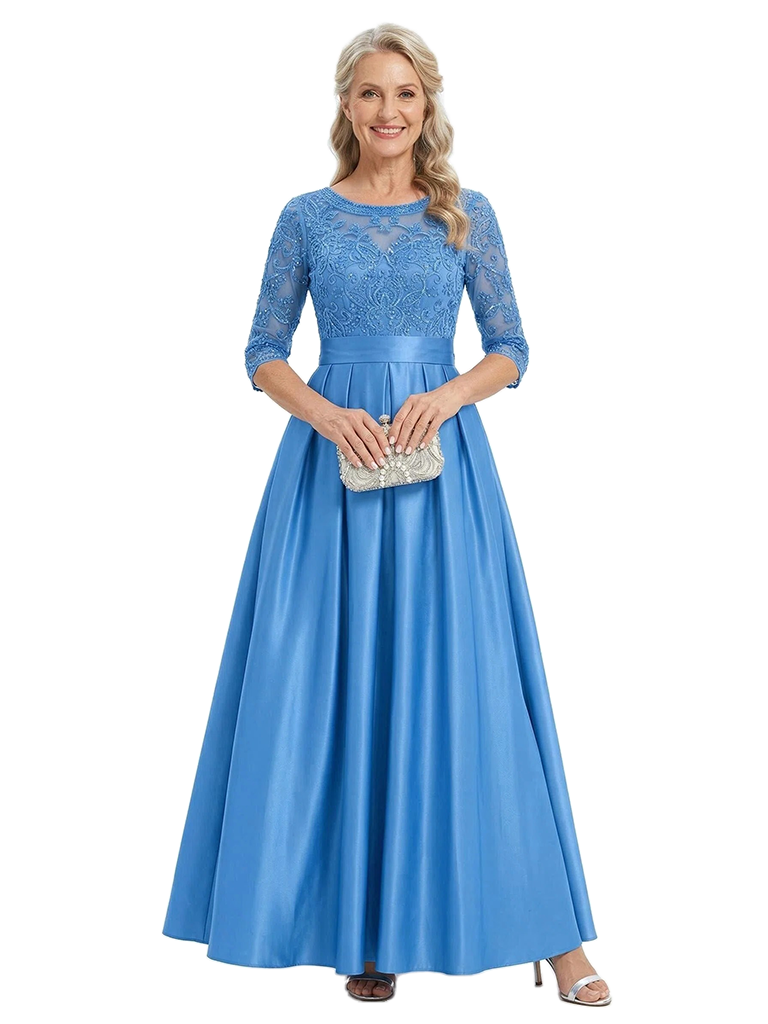 ChicSew Round Neck 3/4 Sleeve Lace Applique Satin Bodice Floor Length Satin Elegant Mother of the Bride Dresses
