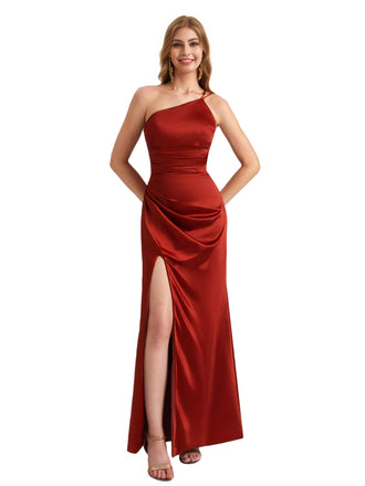 Modern One Shoulder Silky Satin Mermaid Long Bridesmaid Dresses Side Split