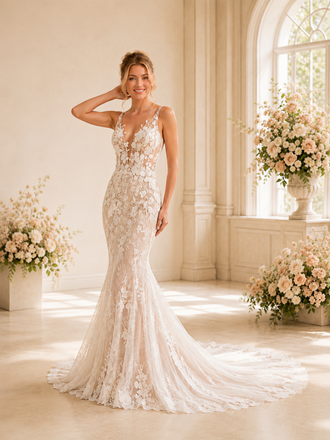 ChicSew Romantic Elegant Deep V-Neck Sleeveless Lace Tulle Mermaid Wedding Dresses