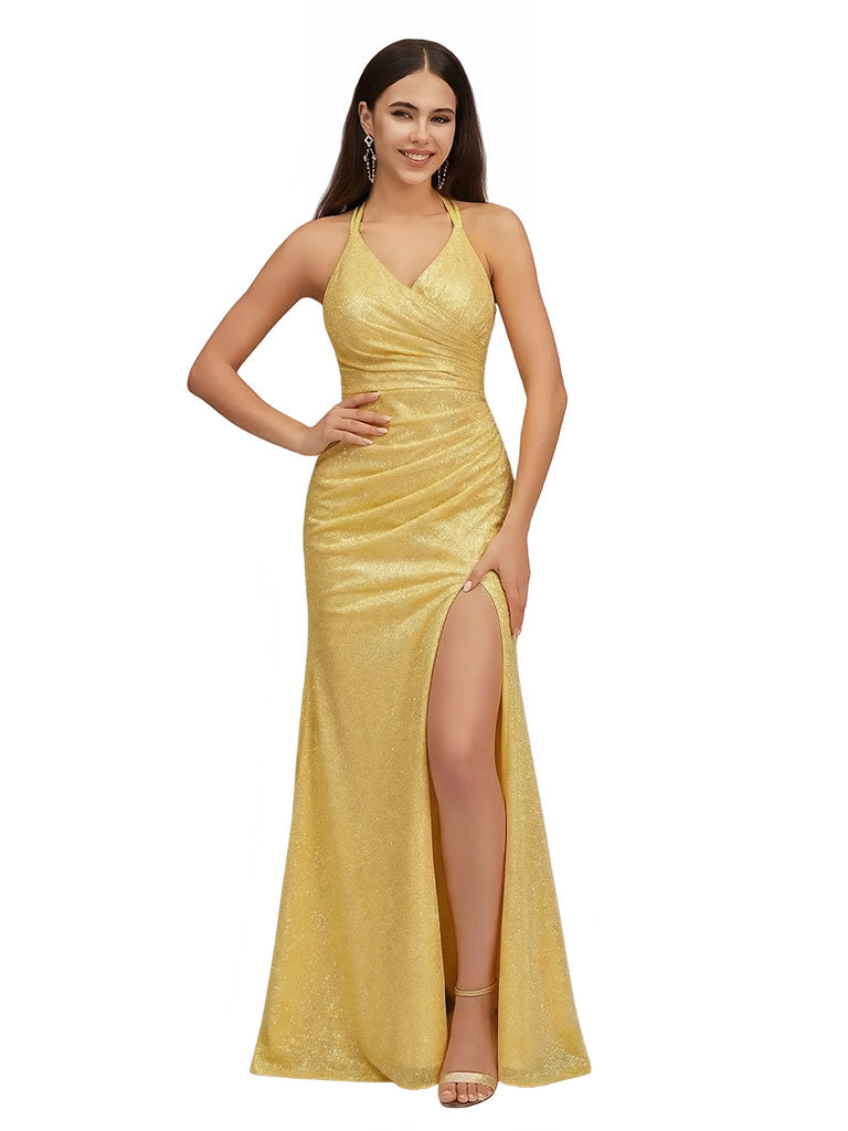 Shiny Spaghetti Straps V-Neck Mermaid Glitter Jersey Ruched Long Formal Dresses Side Slit