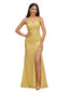 Shiny Spaghetti Straps V-Neck Mermaid Glitter Jersey Ruched Long Formal Dresses Side Slit