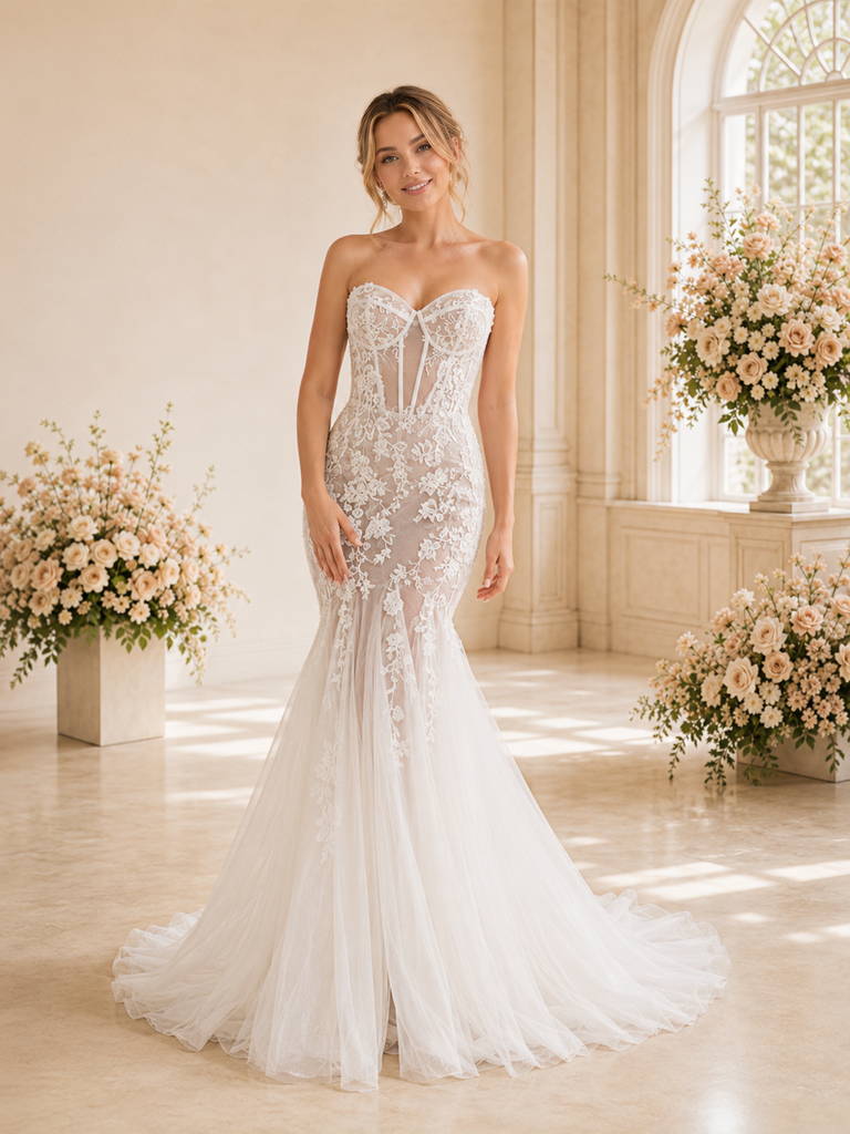 ChicSew Sexy Mermaid Lace Applique Tulle Sweetheart Boning Maxi Long Wedding Dress
