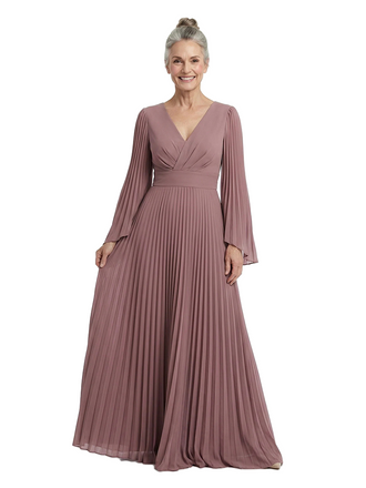 ChicSew V-Neck Long Sleeve Floor Length Pleated Chiffon Elegant Mother of the Bride Dresses