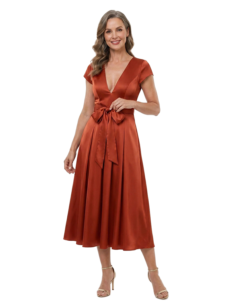 ChicSew V-Neck Satin Tea-Length Pleated A-Line Mother Of The Bride Dresses Modern With Bow Detail