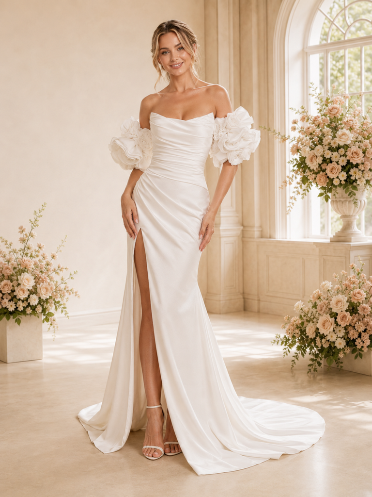 ChicSew Fancy Off The Shoulder Satin Ruched Side Slit Mermaid Long Wedding Dress With Flower