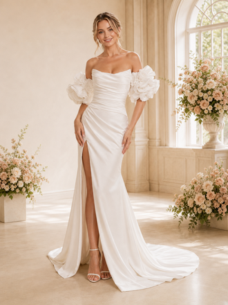 ChicSew Fancy Off The Shoulder Satin Ruched Side Slit Mermaid Long Wedding Dress With Flower