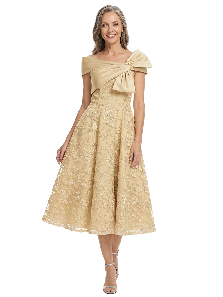 ChicSew Modern Tea-Length Lace Applique Mother Of The Groom Dress With Satin Bow Shoulder