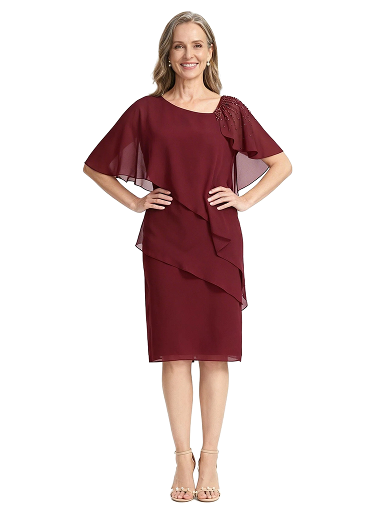 ChicSew Fancy Asymmetrical Mother Of The Bride Dresses Layered Chiffon Beaded Knee Length Gown