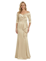 Off The Shoulder Ruffles Satin Mother Of The Groom Dress 3/4 Sleeves Mermaid Maxi Gown