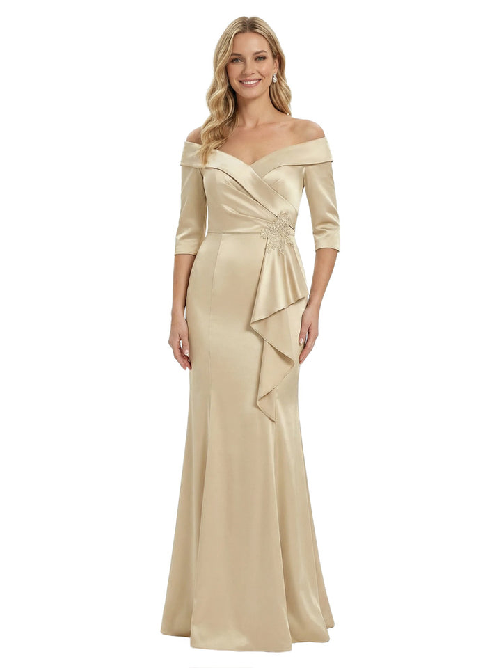 Off The Shoulder Ruffles Satin Mother Of The Groom Dress 3/4 Sleeves Mermaid Maxi Gown