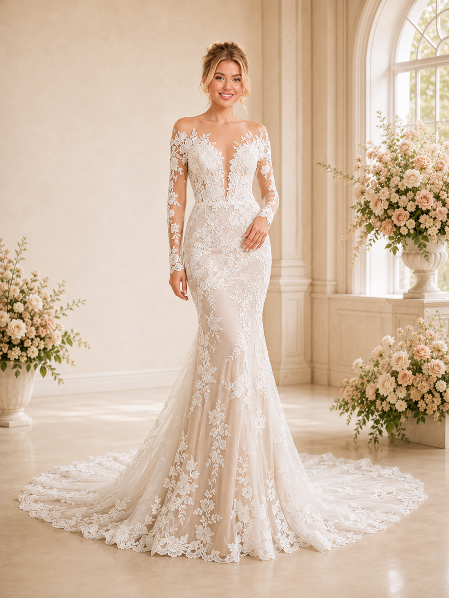 ChicSew Sexy Deep V-Neck Mermaid Lace Long Sleeves Wedding Dress Long Train