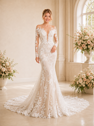 ChicSew Sexy Deep V-Neck Mermaid Lace Long Sleeves Wedding Dress Long Train