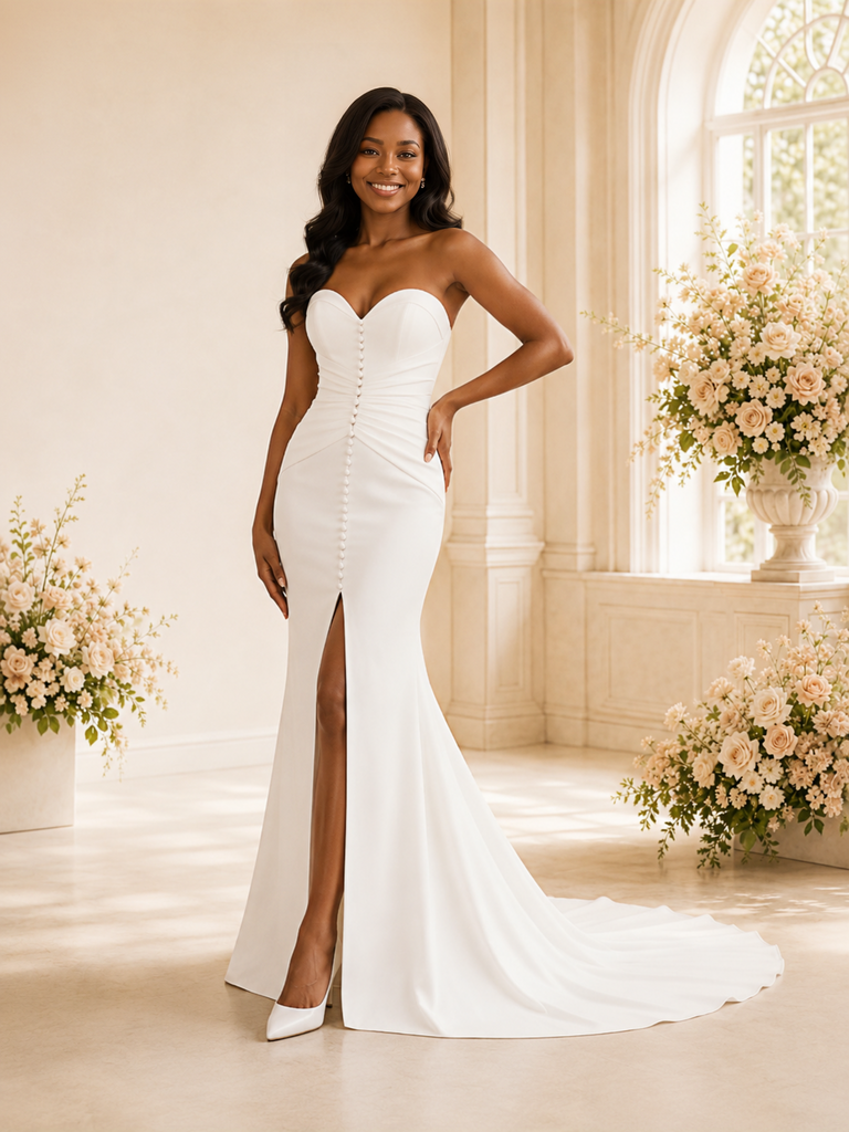 ChicSew Elegant Crepe Sweetheart Long Mermaid Wedding Dress With Button And Slit