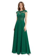 Elegant A-Line Illusion Cap Sleeves Lace Chiffon Long Mother Of The Bride Dresses