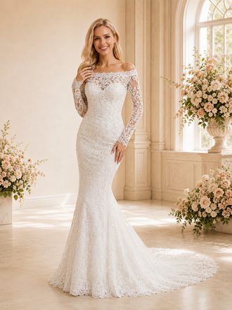 ChicSew Modern Glamorous Mermaid Lace Tulle Off The Shoulder Long Sleeves Full‑Length Wedding Dresses With Button